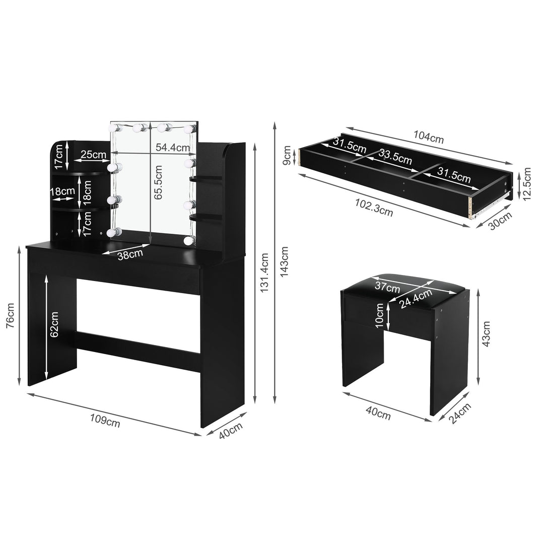 CELOSIA 2 Piece Dressing Table with Mirror & Stool Set - Black