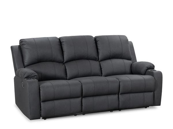 Marton Manual 3 Seater Recliner Sofa in black with textured fabric, featuring reclining seats and cup holders for ultimate comfort.