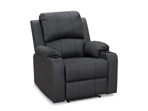 Marton Electric Recliner Chair in black fabric with USB and Type-C ports for charging, offers modern style and comfort with electric recline.