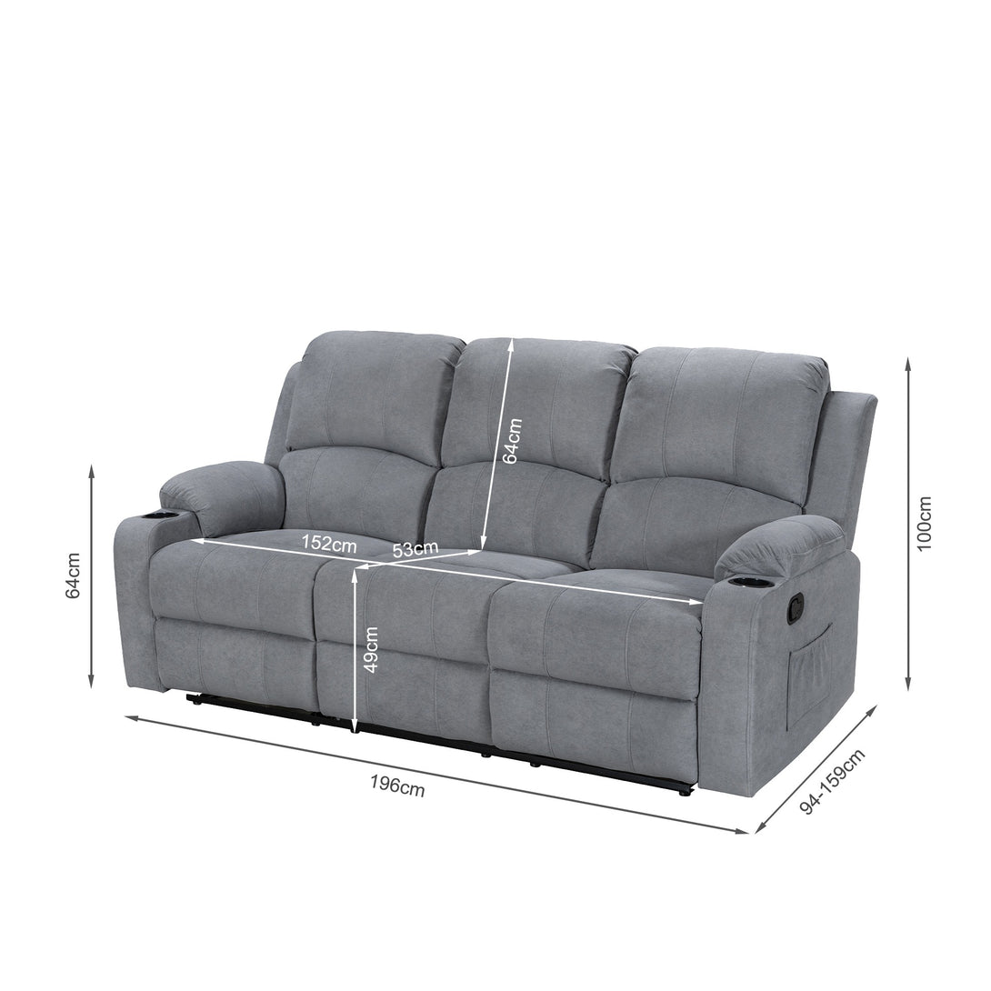 Henley Fabric Manual 3 Seater Recliner Sofa - Grey