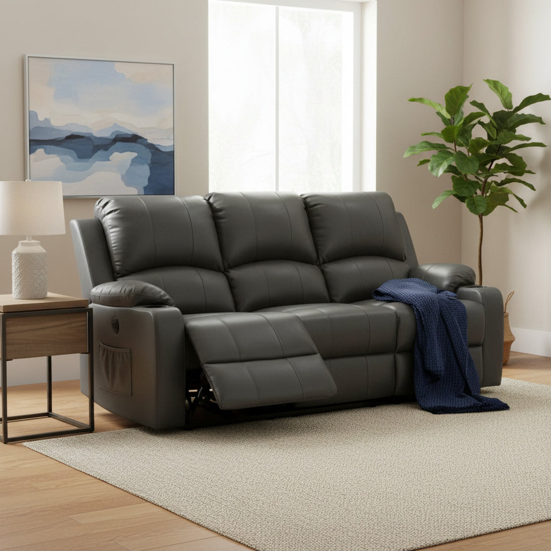 Henley Air Leather Electric 3 Seater Recliner Sofa - Grey