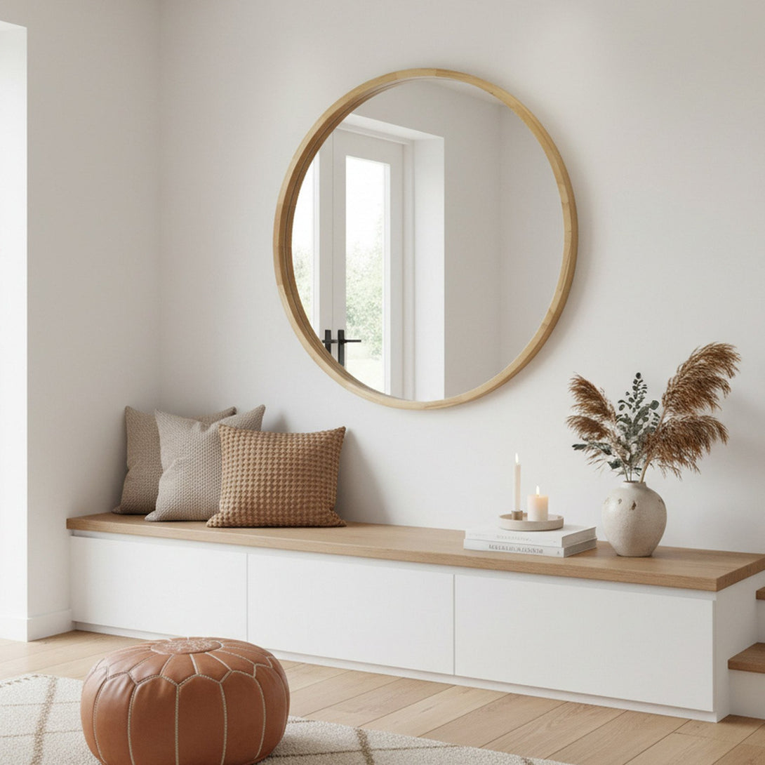 Echo Round Wooden Framed Wall Mirror 95cm - Light Wood