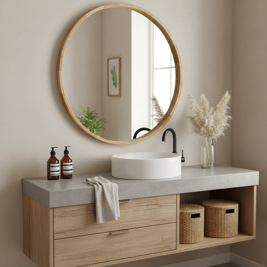 Echo Round Wooden Framed Wall Mirror 95cm - Light Wood