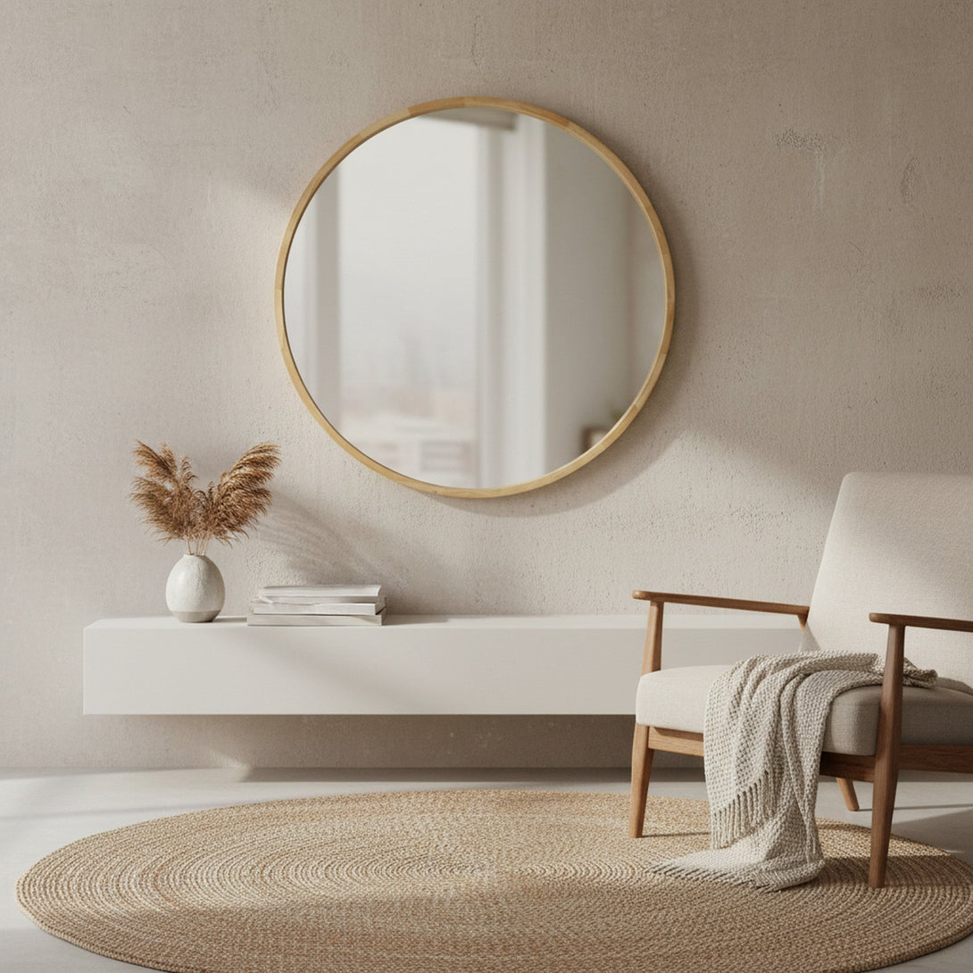 Echo Round Wooden Framed Wall Mirror 95cm - Light Wood