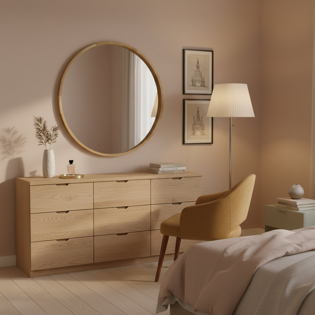 Echo Round Wooden Framed Wall Mirror 95cm - Light Wood