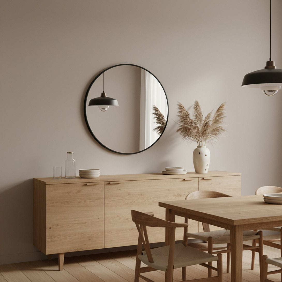 Noir Round Wooden Wall Mirror 60cm - Black