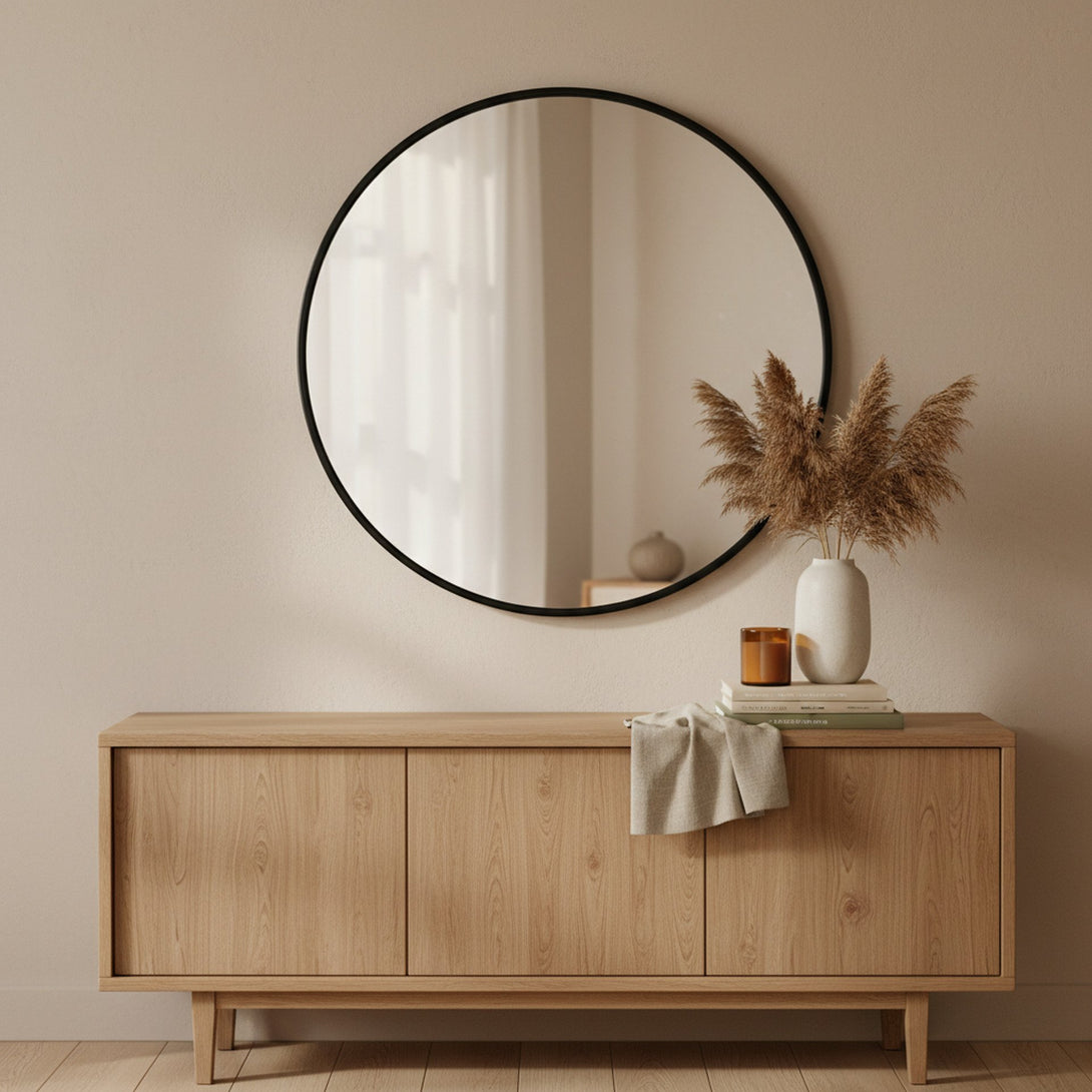Noir Round Wooden Wall Mirror 80cm - Black