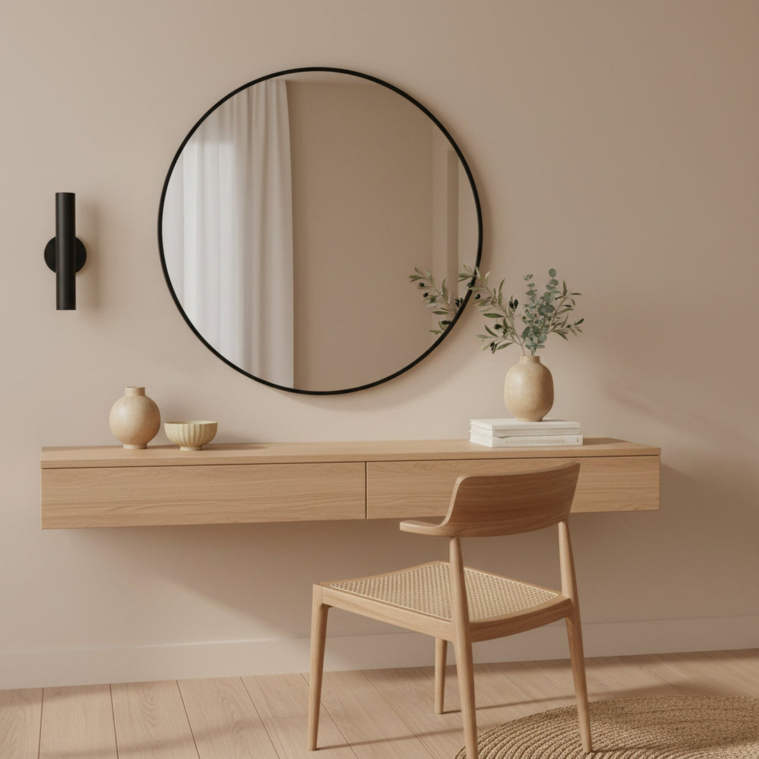 Noir Round Wooden Wall Mirror 90cm - Black