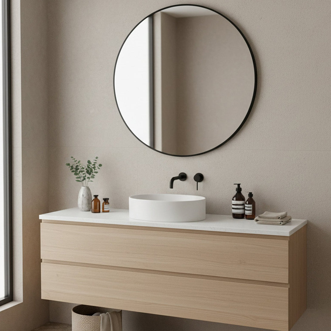 Noir Round Wooden Wall Mirror 90cm - Black