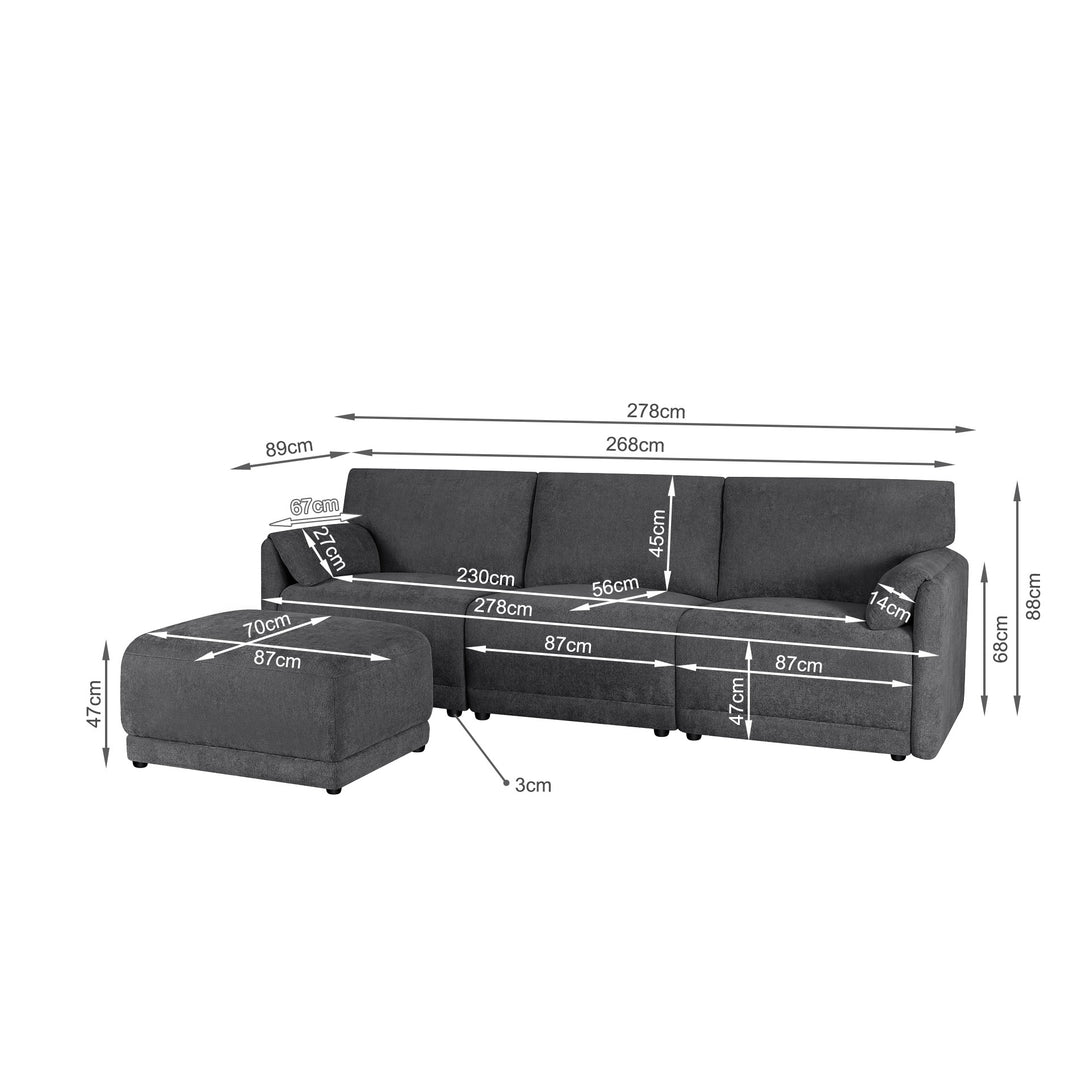 Velvo 3 Seater Modular Sofa with Ottoman - Dark Grey