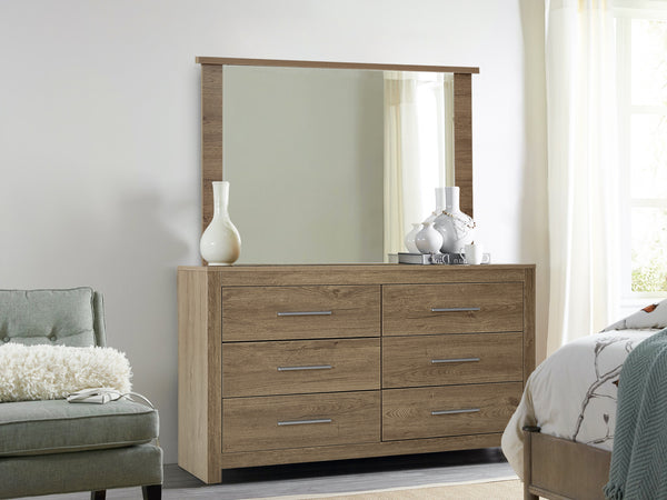 Vicente Low Boy 6 Drawers Chest Dresser with Mirror - Oak