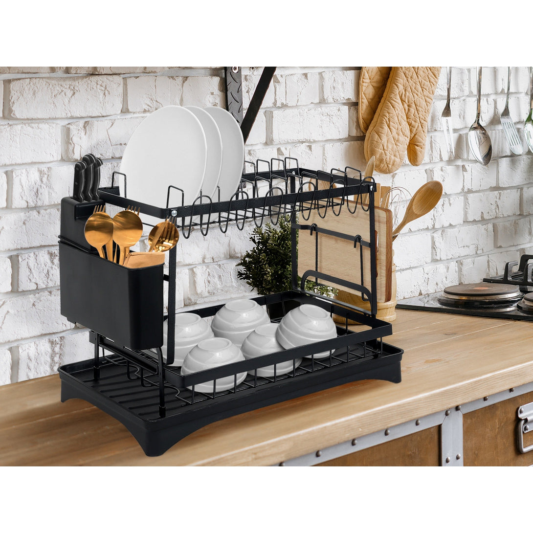 2 Tier Kitchen Storage Dish Rack Drainer - Black