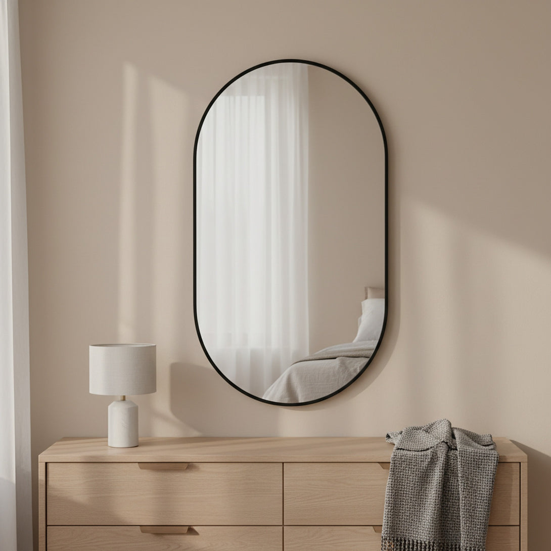Luna Oval Metal Framed Wall Mirror - Black