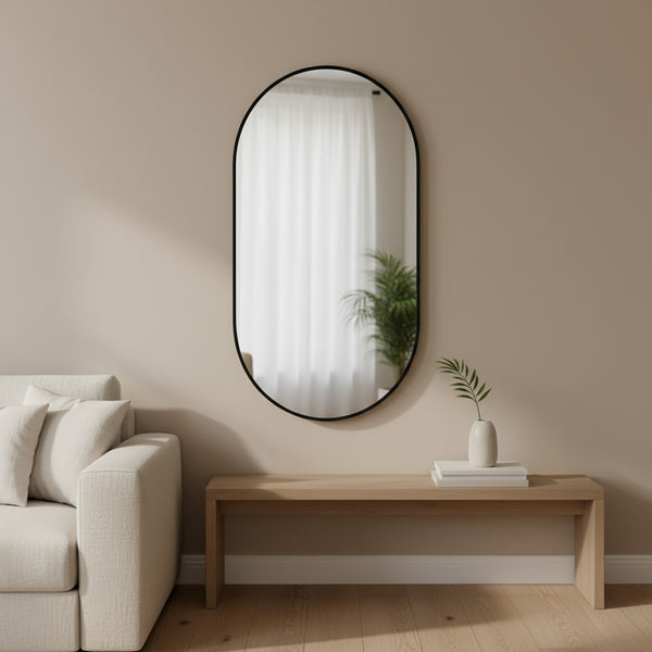Luna Oval Metal Framed Wall Mirror - Black