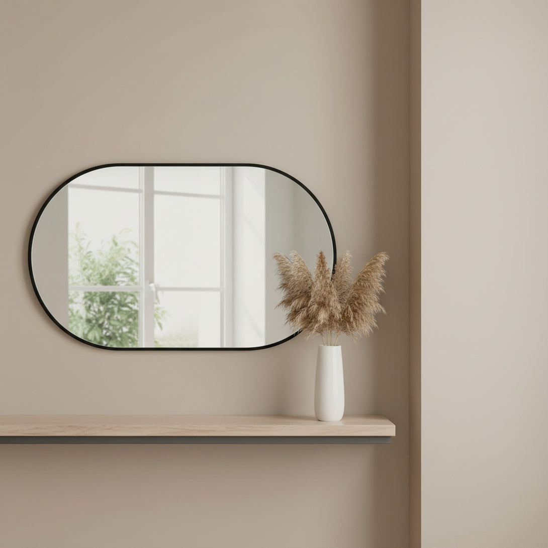 Luna Oval Metal Framed Wall Mirror - Black