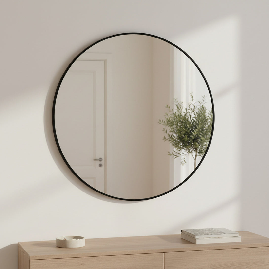 Aura Round Metal Framed Wall Mirror 90cm - Black