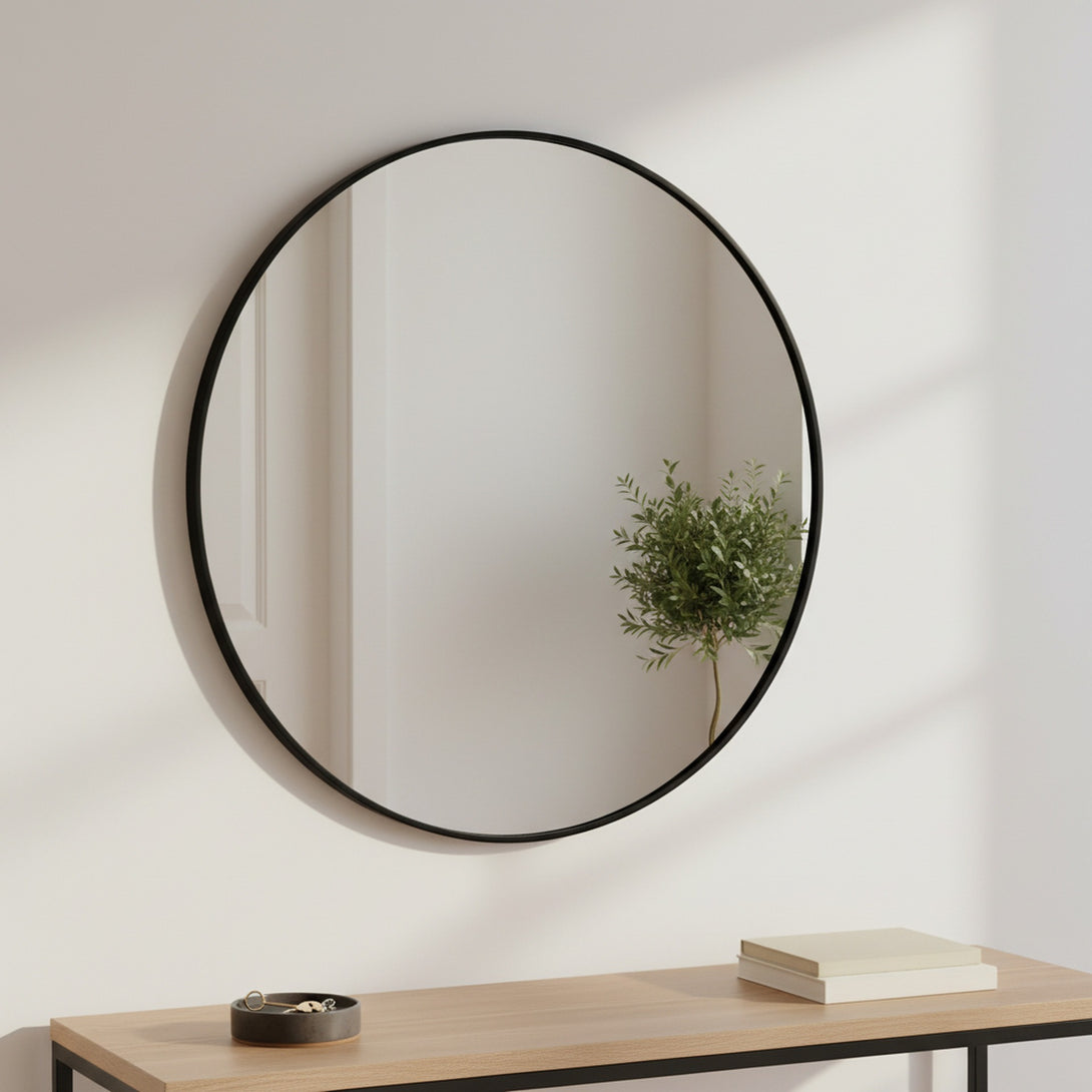 Aura Round Metal Framed Wall Mirror 90cm - Black