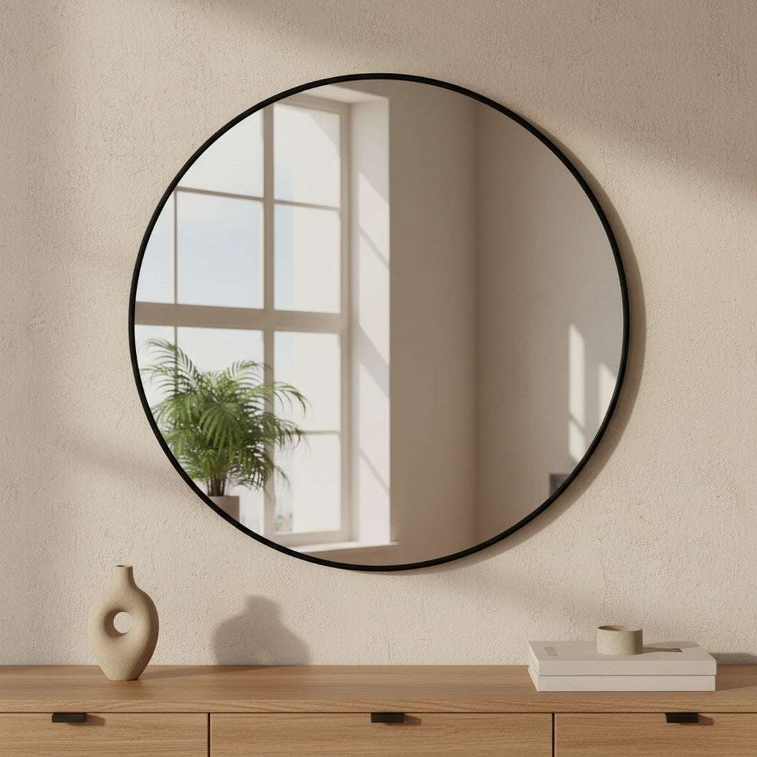 Aura Round Metal Framed Wall Mirror 90cm - Black