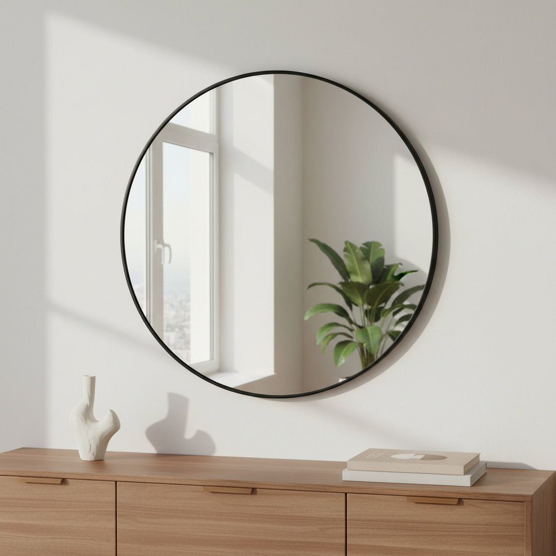 Aura Round Metal Framed Wall Mirror 80cm - Black