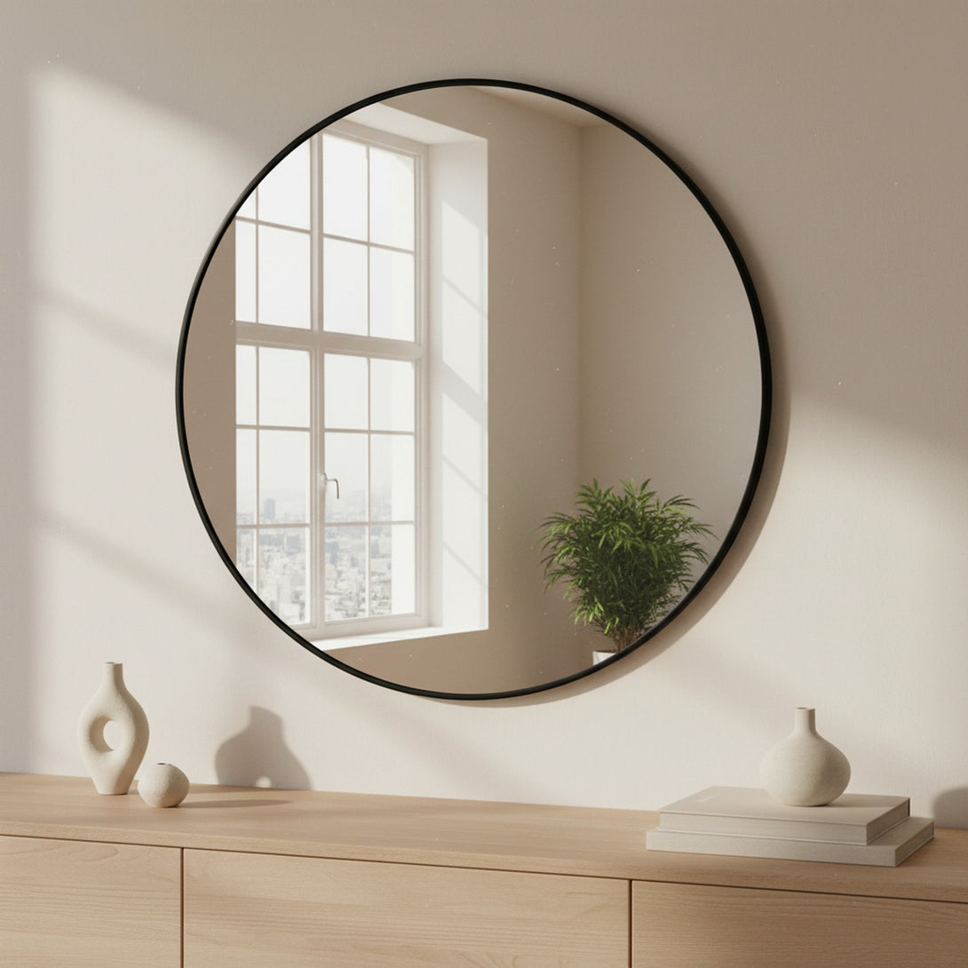 Nova Round Metal Framed Wall Mirror 90cm - Black