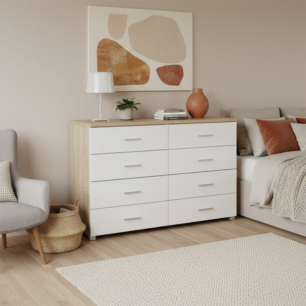 Bram Low Boy 8 Drawer Chest Dresser - Oak + White