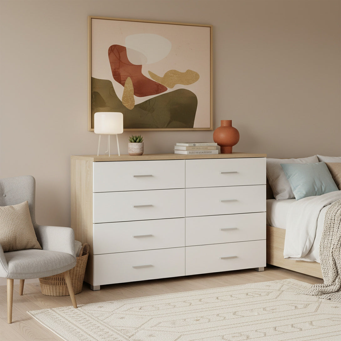 Bram Low Boy 8 Drawer Chest Dresser - Oak + White