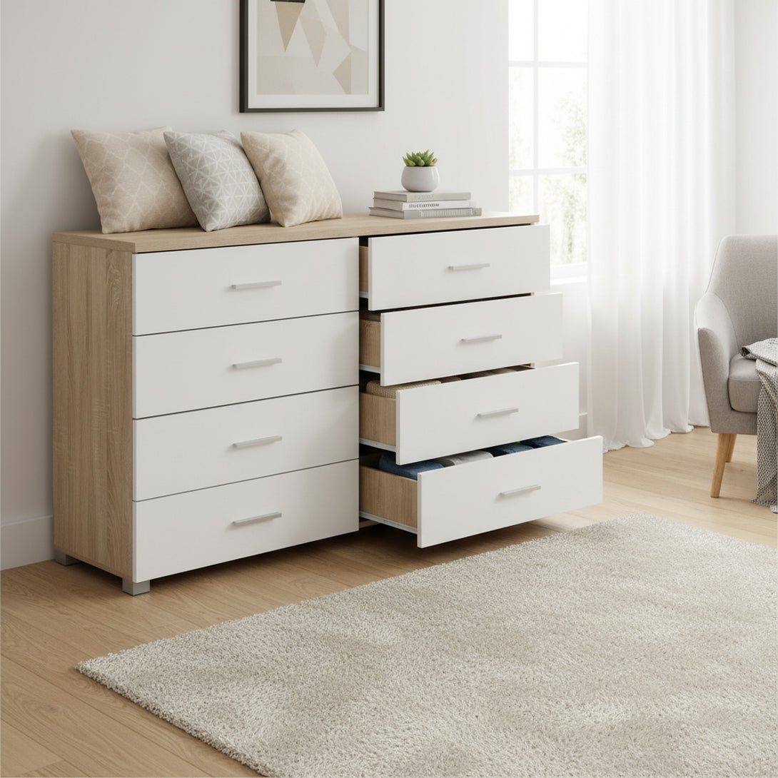 Bram Low Boy 8 Drawer Chest Dresser - Oak + White