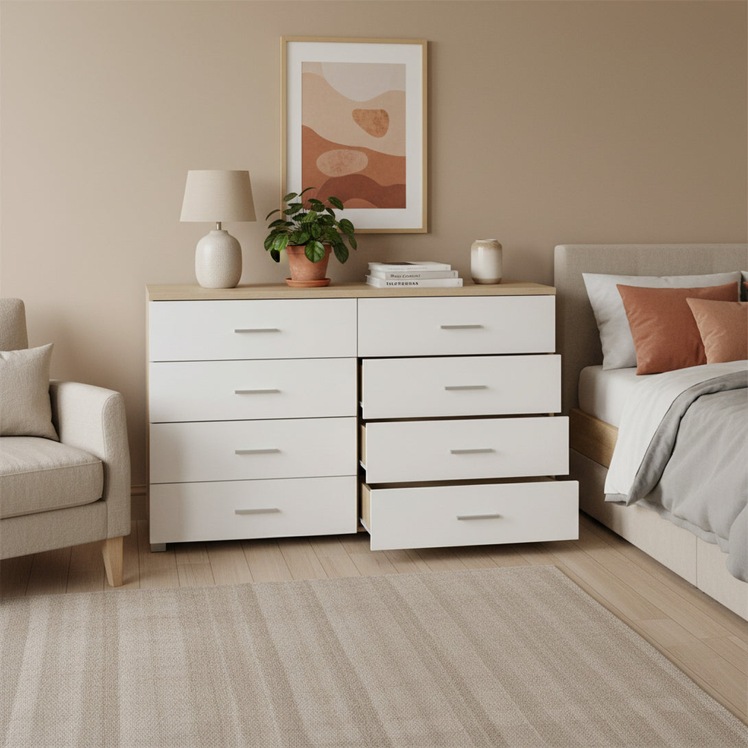 Bram Low Boy 8 Drawer Chest Dresser - Oak + White