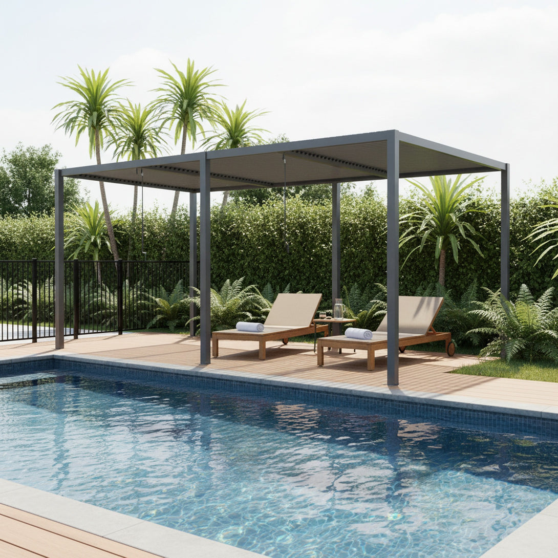 Toughout Manual Louvre Roof Aluminium Pergola 6m x 3m - Charcoal Grey