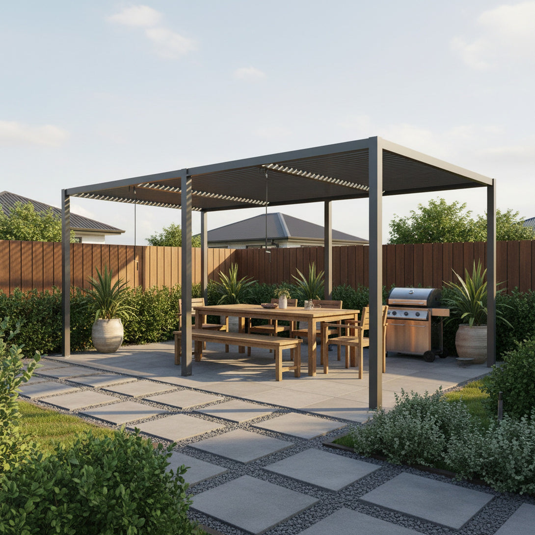 Toughout Manual Louvre Roof Aluminium Pergola 6m x 3m - Charcoal Grey
