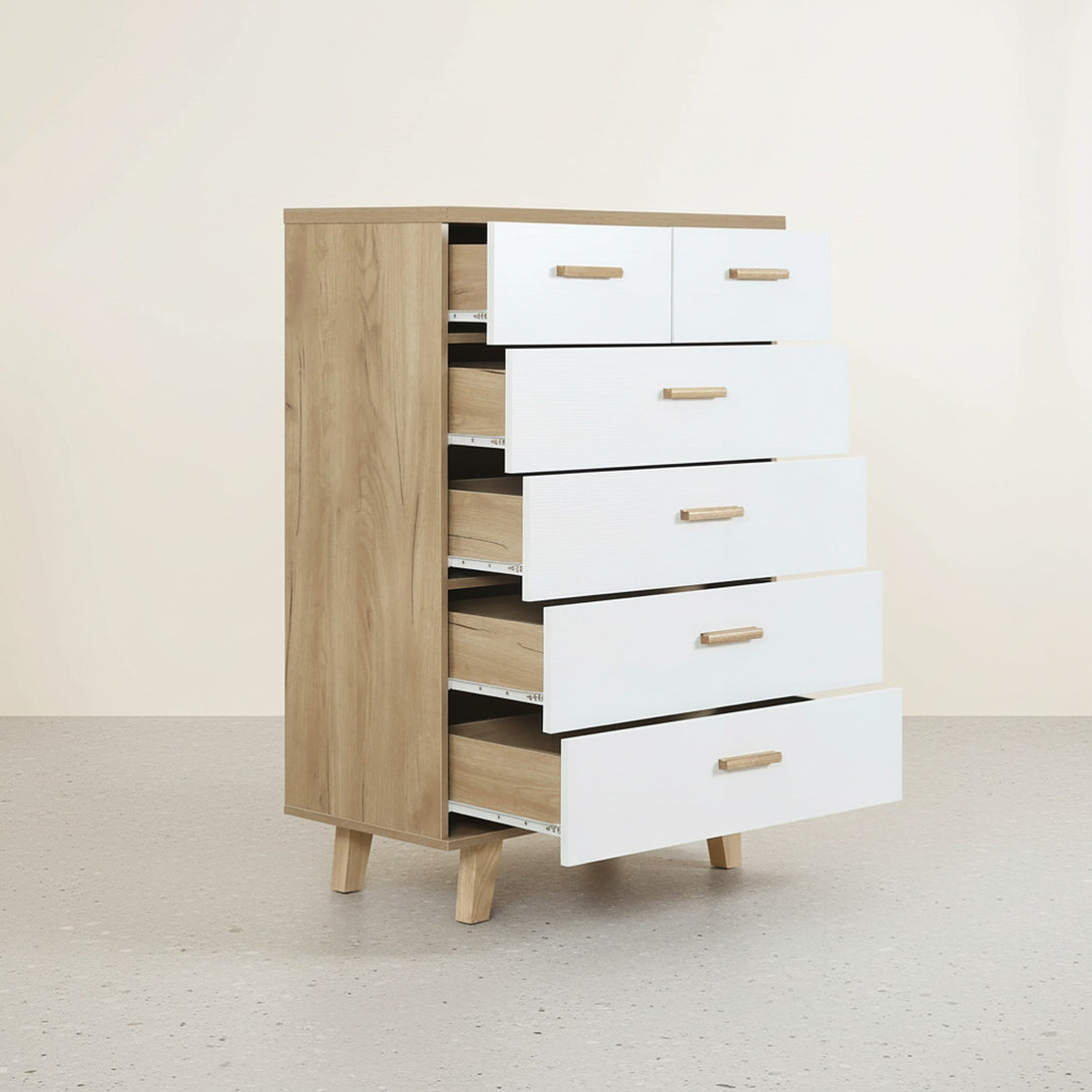 Alton Tallboy 6 Drawers - Natural + White