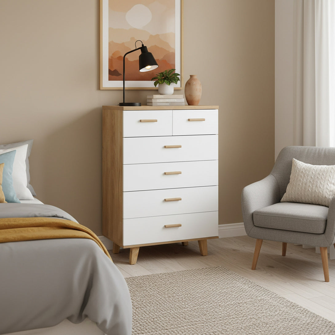 Alton Tallboy 6 Drawers - Natural + White