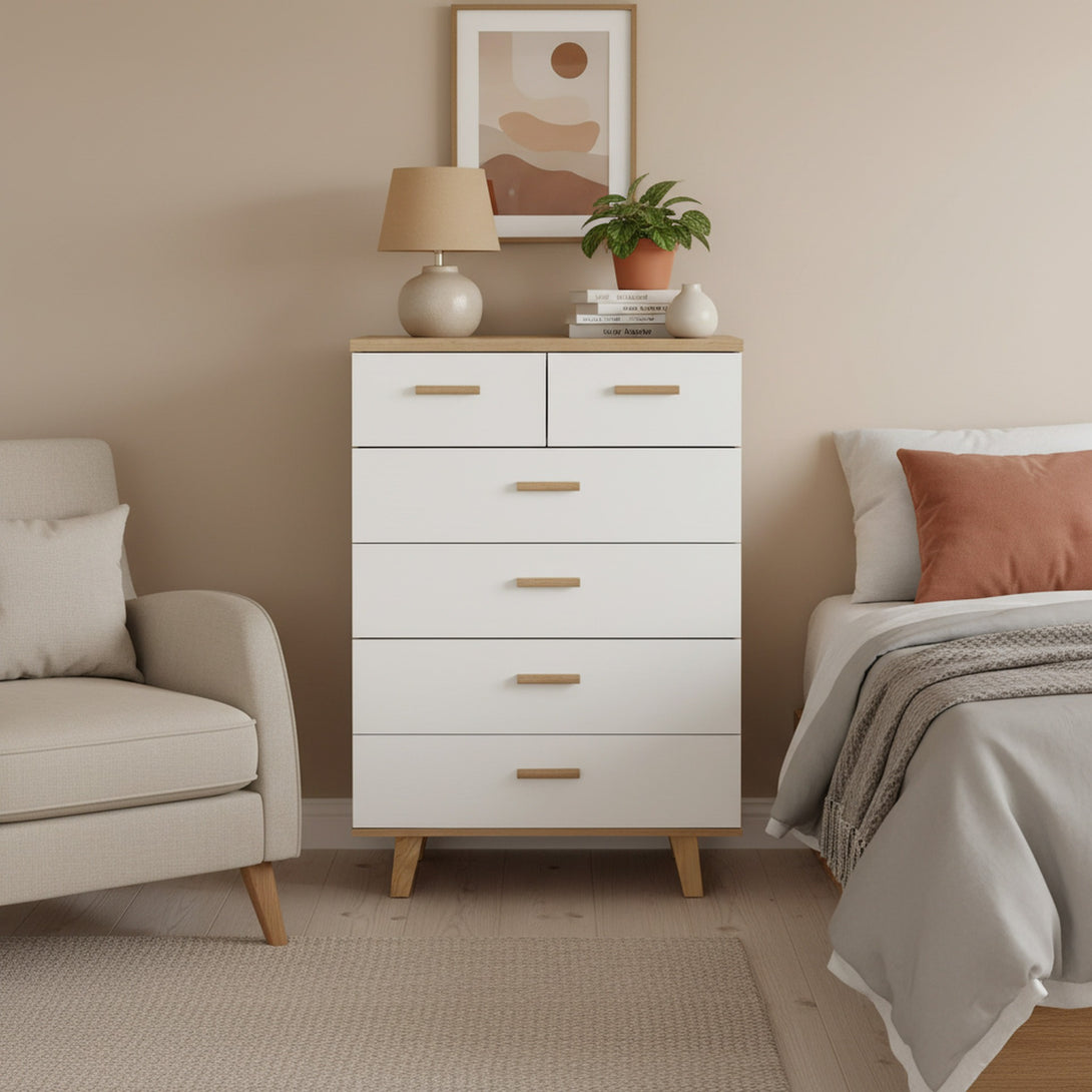 Alton Tallboy 6 Drawers - Natural + White