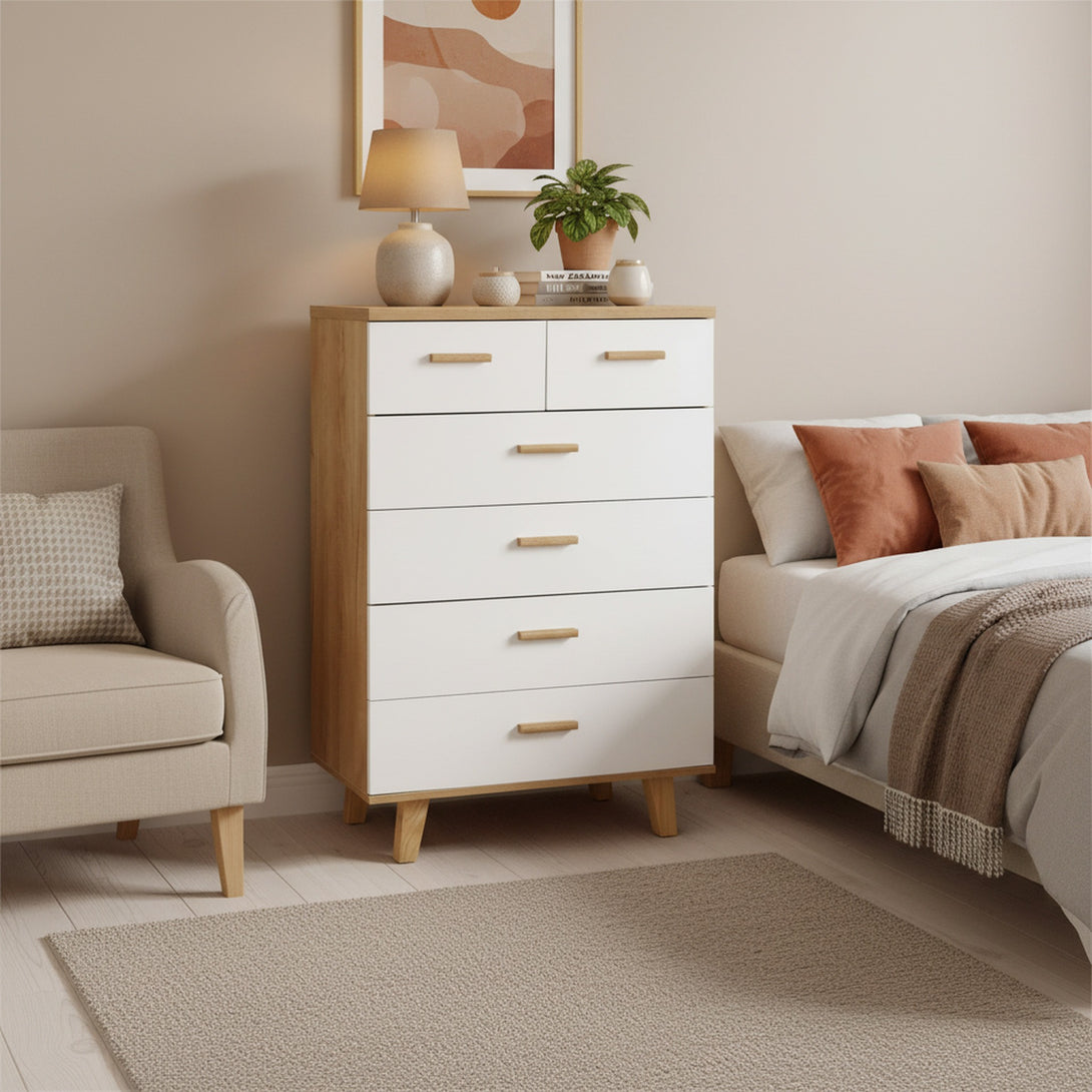 Alton Tallboy 6 Drawers - Natural + White