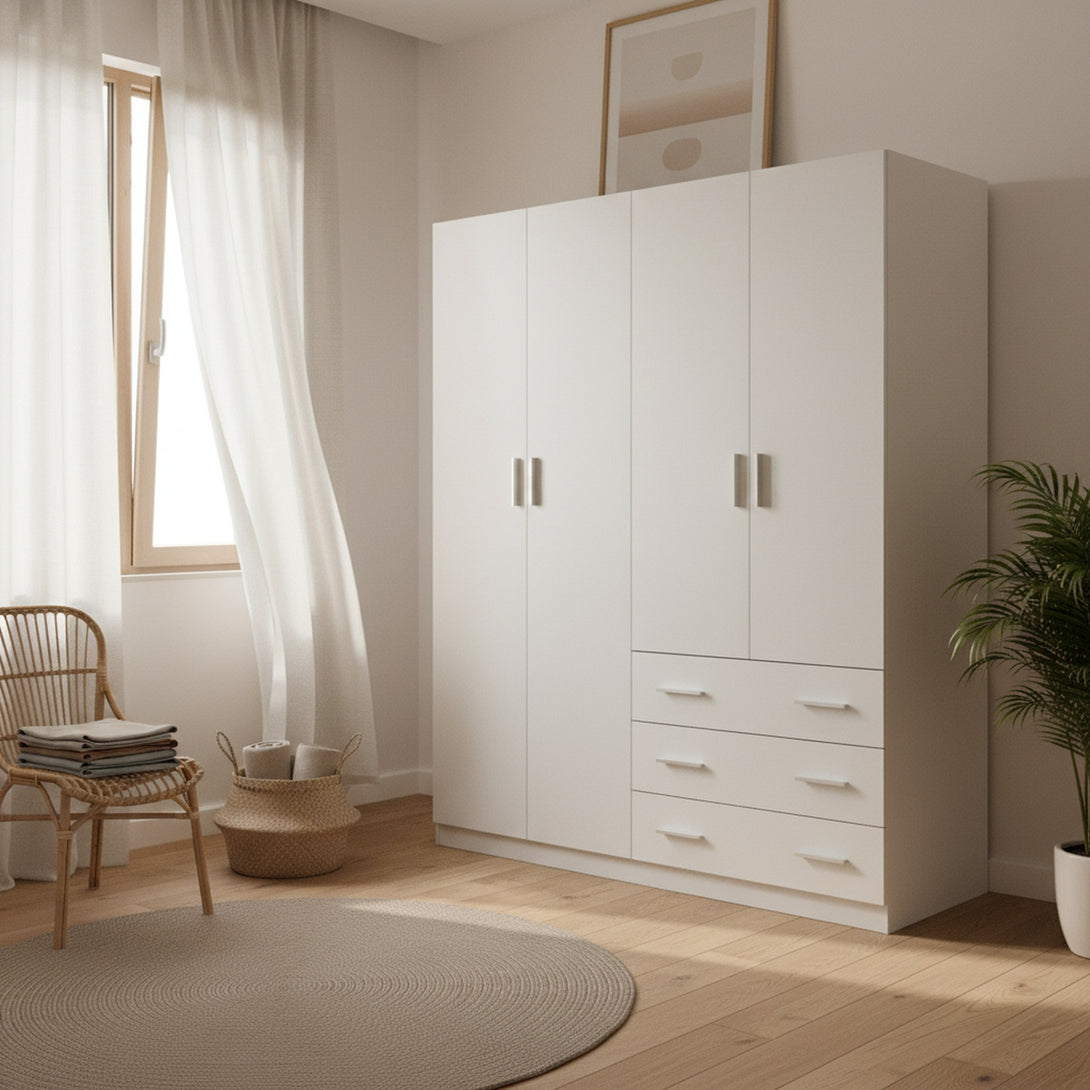 Tongass 4 Door Wardrobe with 3 Drawers - White