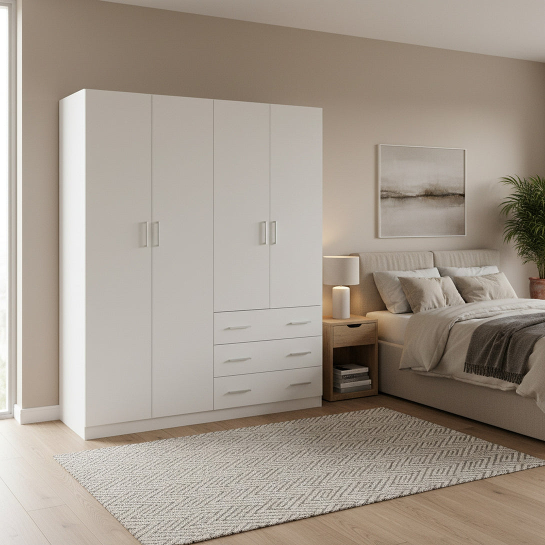 Tongass 4 Door Wardrobe with 3 Drawers - White