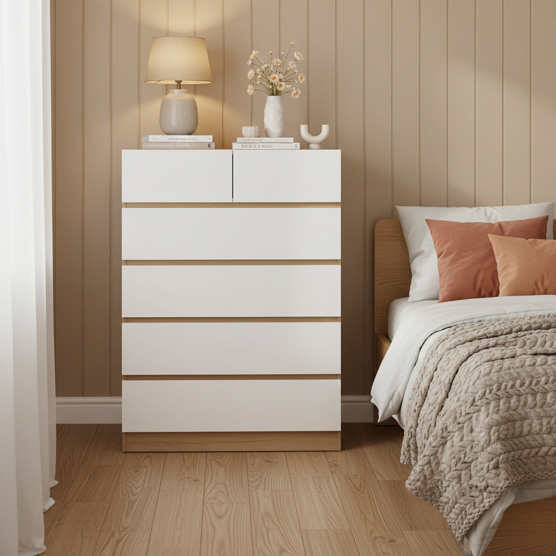 Harris 6 Drawers Tallboy - Oak + White