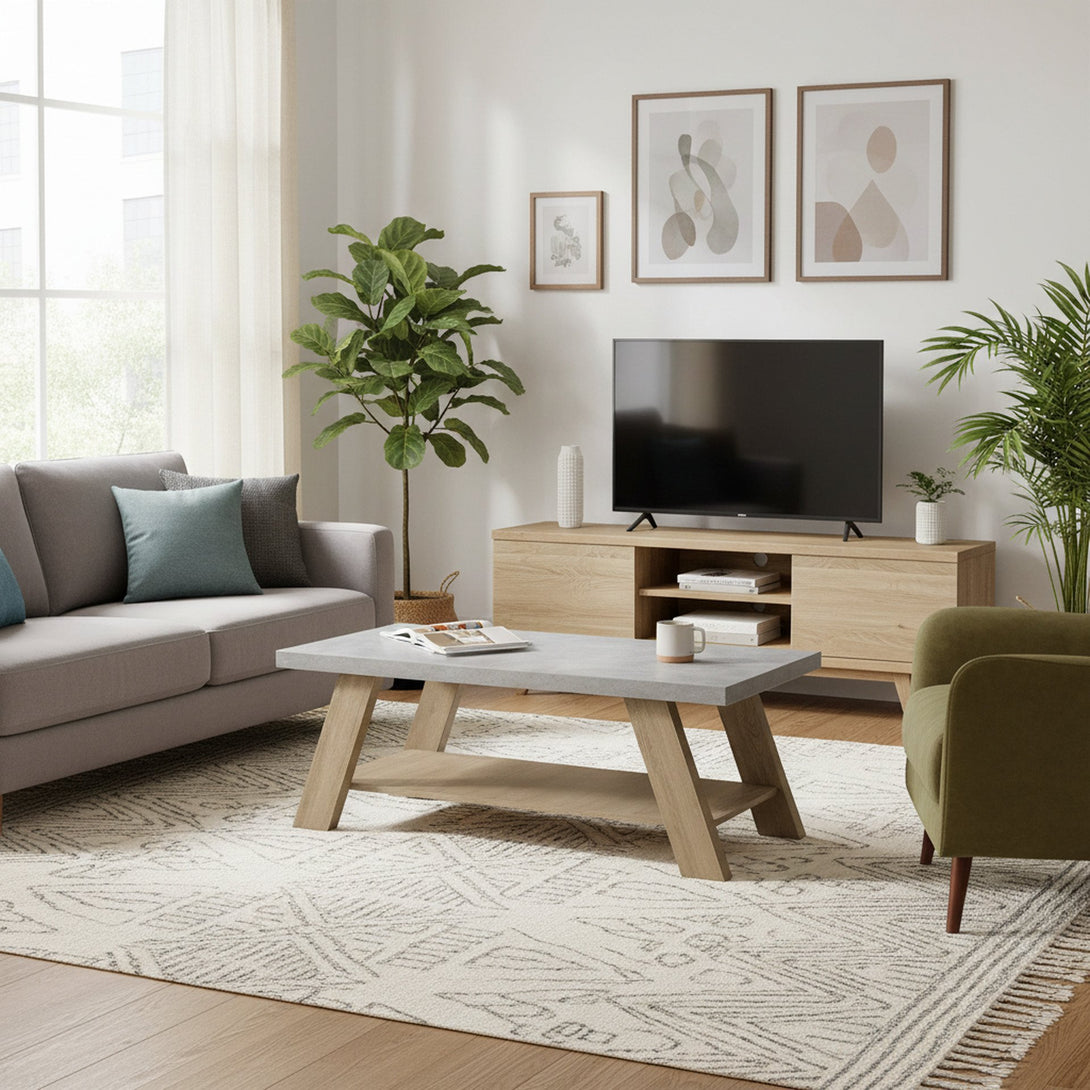 Tommie Rectangular Coffee Table - Cement + Oak