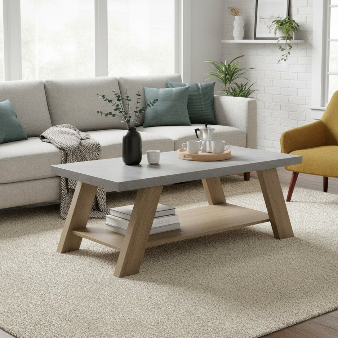 Tommie Rectangular Coffee Table - Cement + Oak
