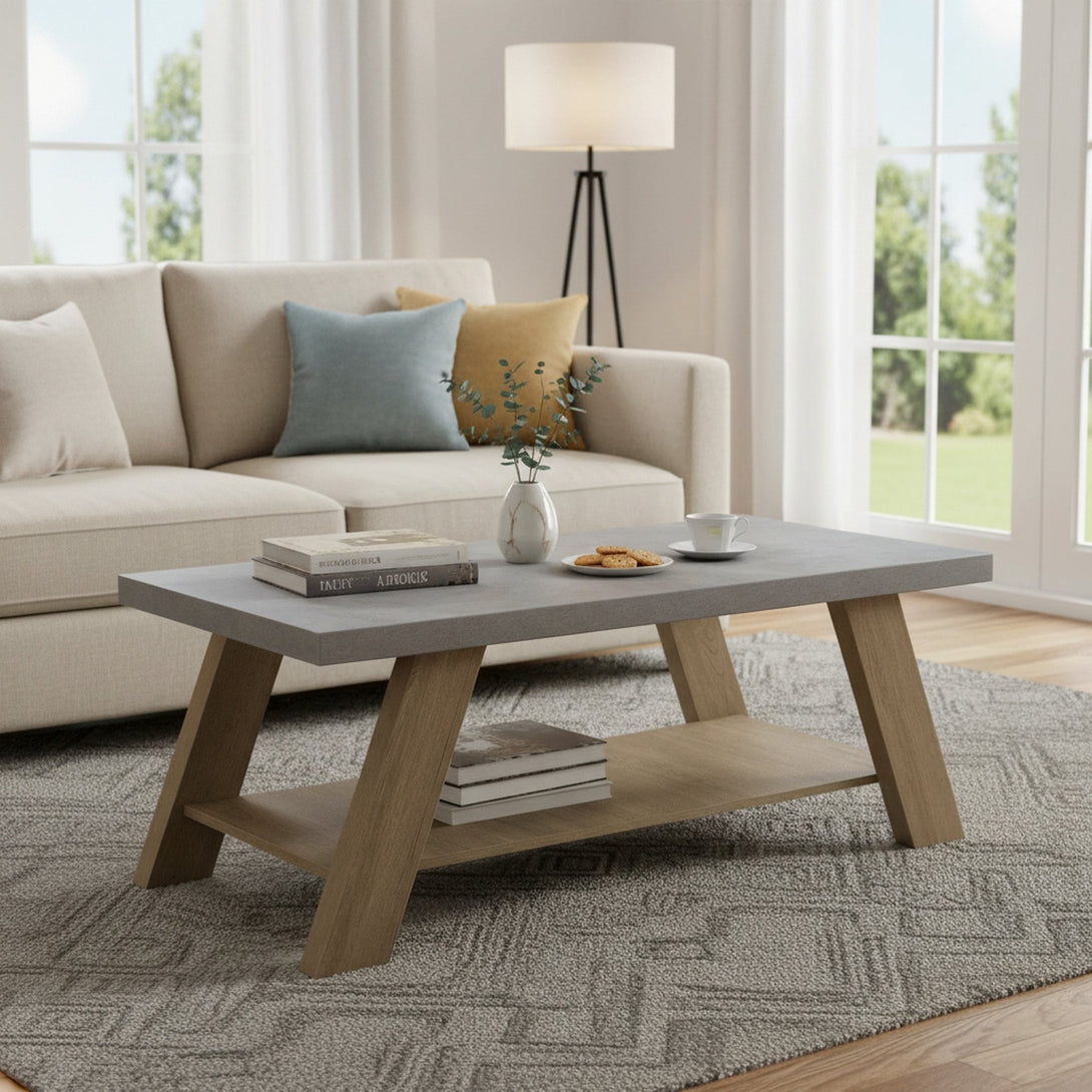 Tommie Rectangular Coffee Table - Cement + Oak