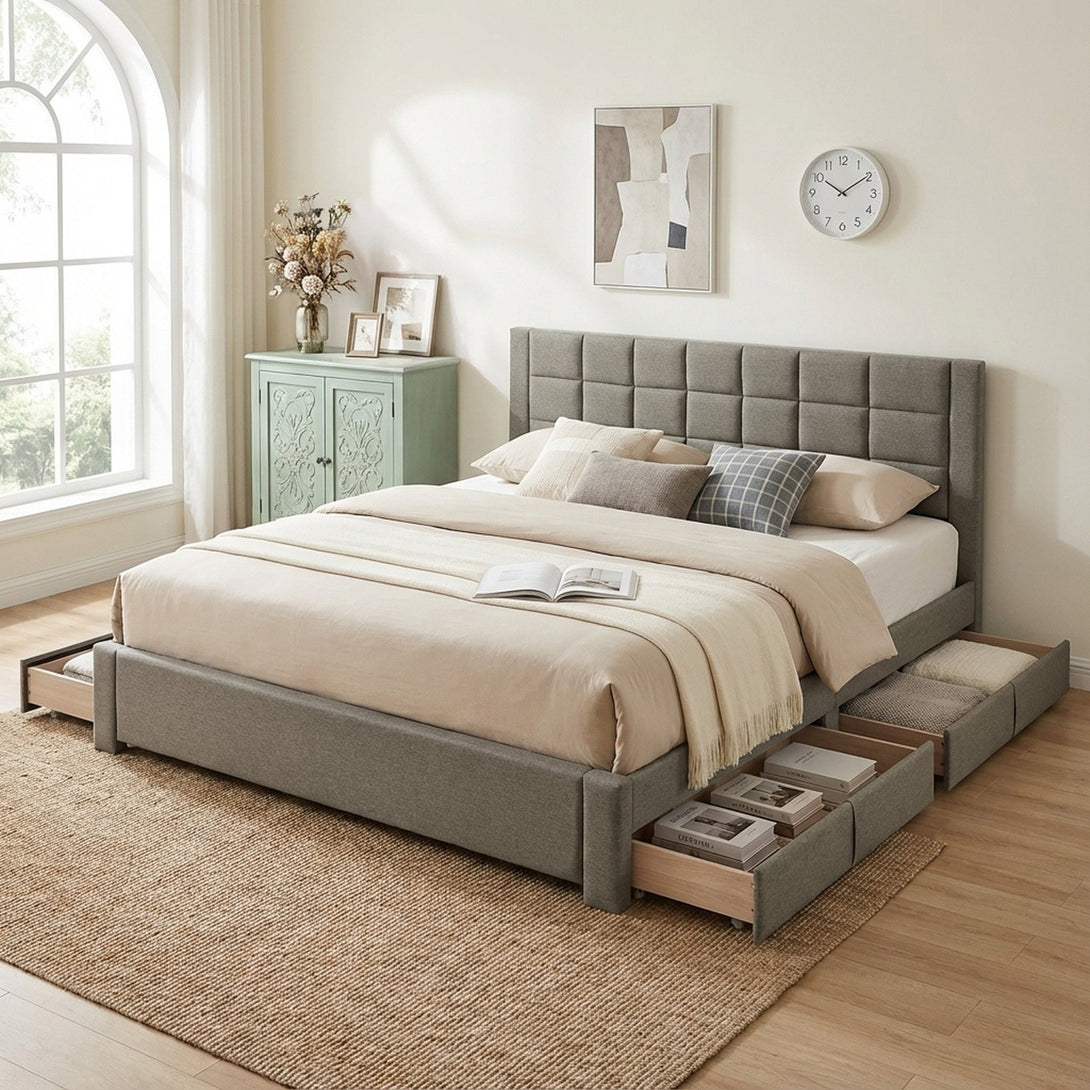 Denali Super King Bed Frame with 4 Drawers - Light Grey