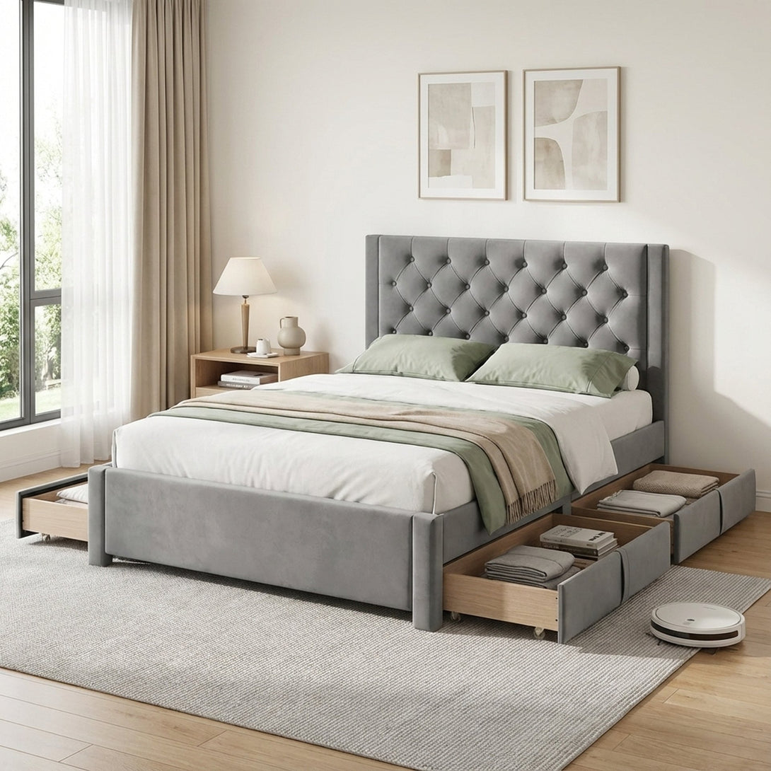 Montana Double Bed Frame with 4 Drawers - Grey