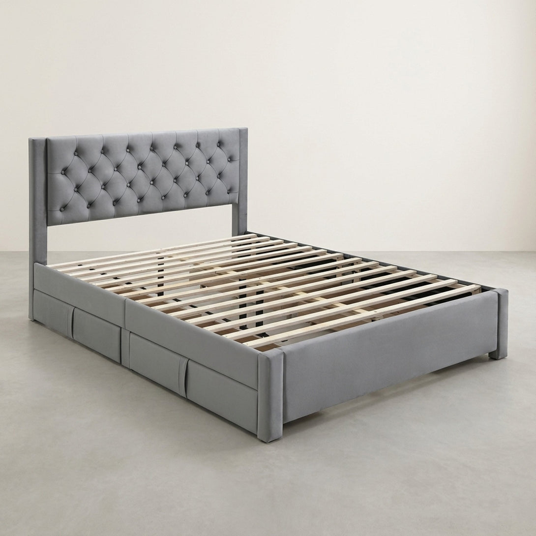 Montana Queen Bed Frame with 4 Drawers - Grey