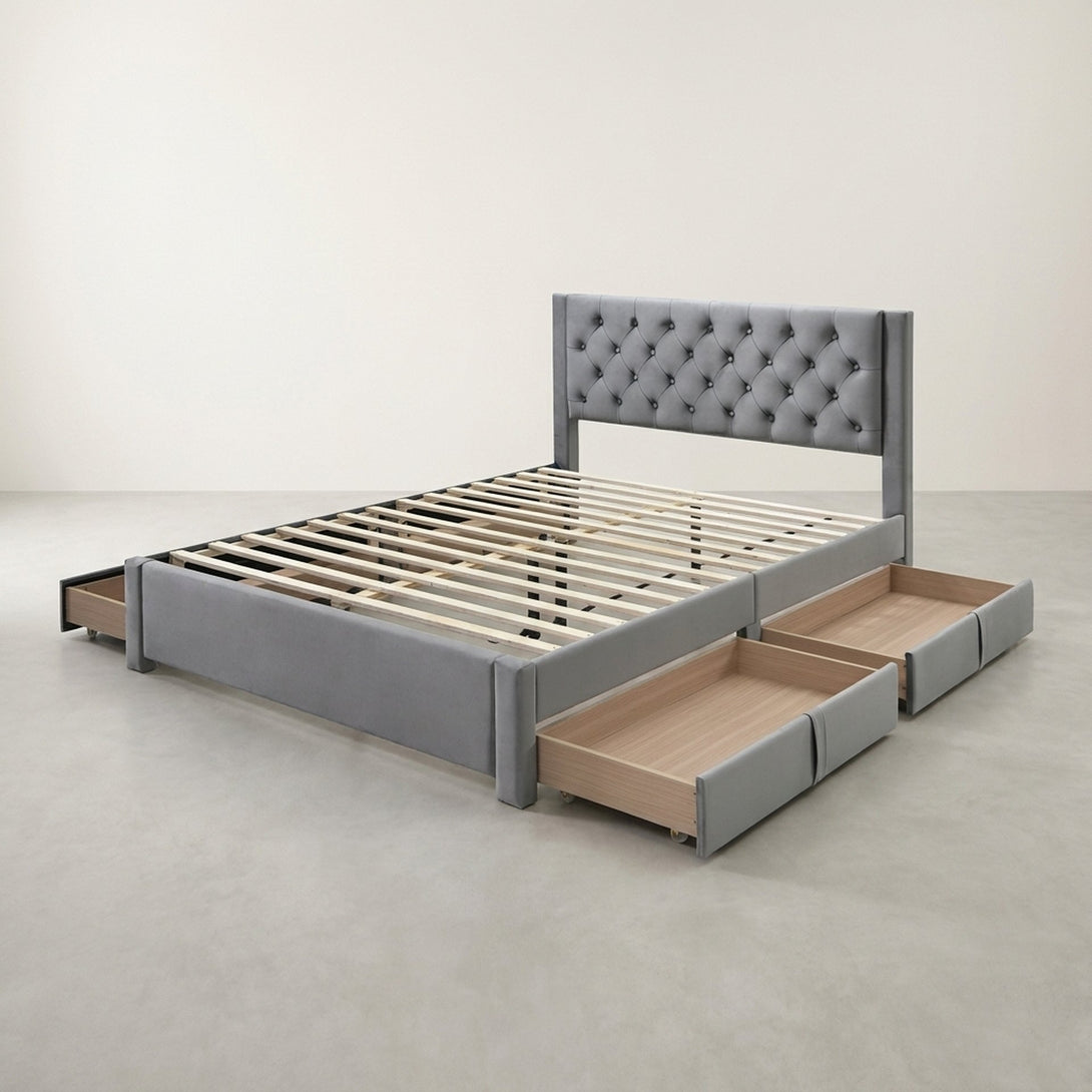 Montana Queen Bed Frame with 4 Drawers - Grey