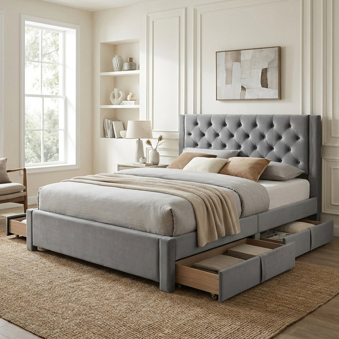 Montana Queen Bed Frame with 4 Drawers - Grey