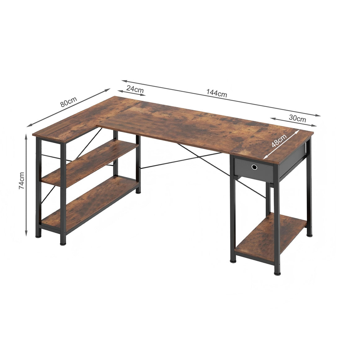 Simon Computer Corner Desk with Bookshelf - Rustic Brown