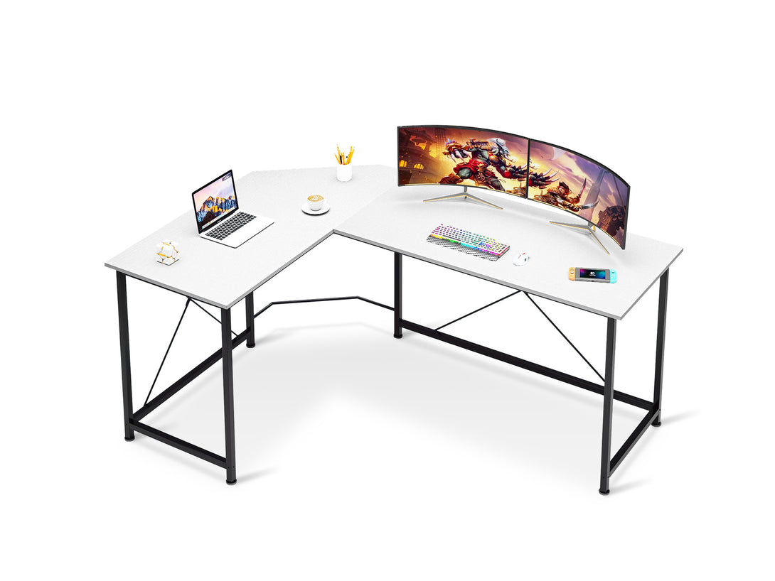 Kestrel Computer Corner Desk in White with L-shaped design, featuring a laptop, monitor, and gaming accessories.