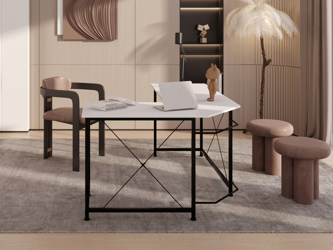 Kestrel Computer Corner Desk in white with metal frame, minimalist design in a modern home office setting.