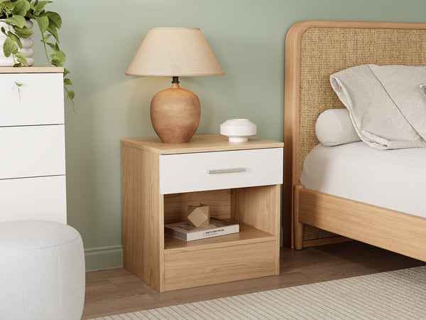 Miller Bedside Table - Light Teak + White