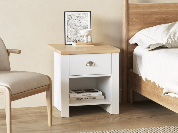 Tegan Bedside Table - Light Teak + White